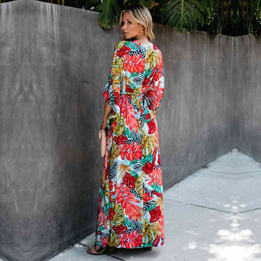 Bohemian Printed Kaftan Women Beachwear Tunic Beach Cover up Saida de Praia Swimsuit Bikini Cover-ups Pareo Sarong #Q944 210420