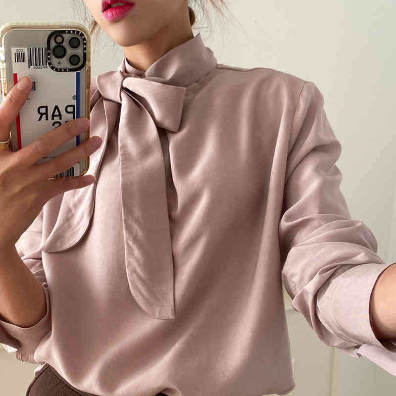 Chic Women Bow Bandage Stand Collar Blouses Solid Casual Retro Sweet Elegant Blouse Korean All Match Tops Shirt 210519