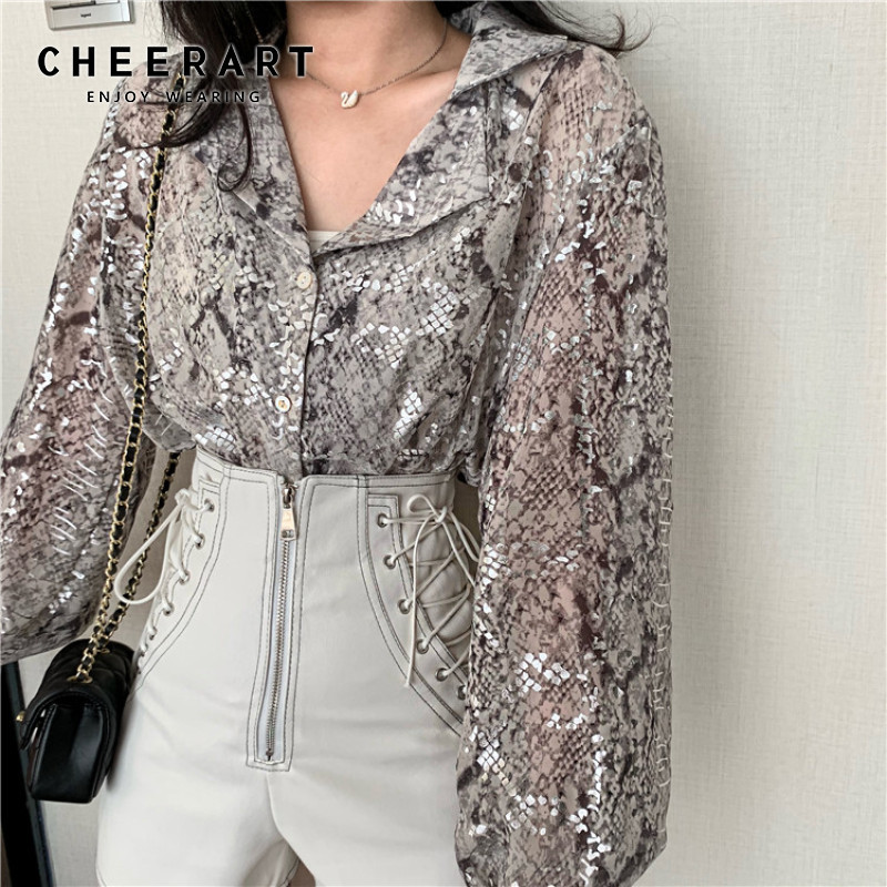 Snake Print Sequin Blouse Glitter Ladies Top Long Sleeve Button Down Shirt For Women Autumn Korean Fashion 210427