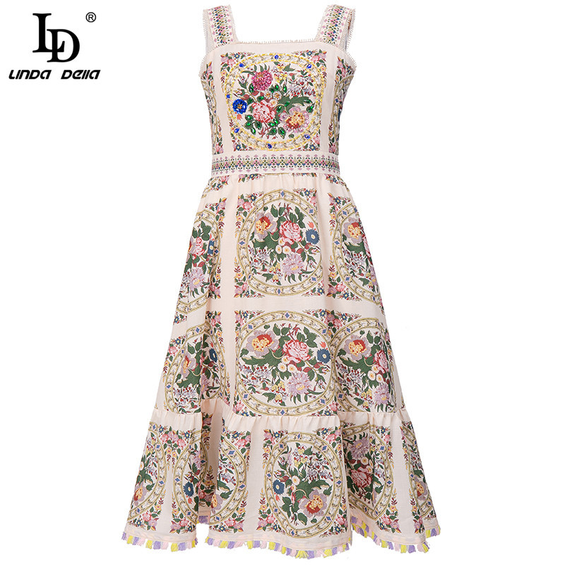 Summer Fashion Runway Vintage Dress WomenSpaghetti Strap Beautiful Floral Print Beading Midi Party Elegant 210522