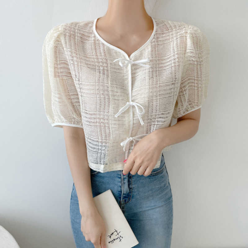 Korejpaa Women Shirt Summer Korean Fashion Chic Gentle Sweet Trim Tie with Bow Plaid Micro-bubble Sleeve Blouse Top Female 210526