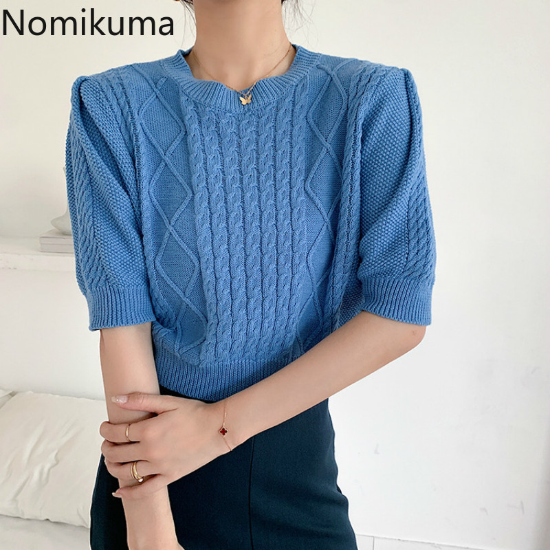 Nomikuma Knitted Half Sleeve Women Sweater Autumn New Korean Twisted Pullover Causal Short Elegant Sueter Mujer 6C221 210427
