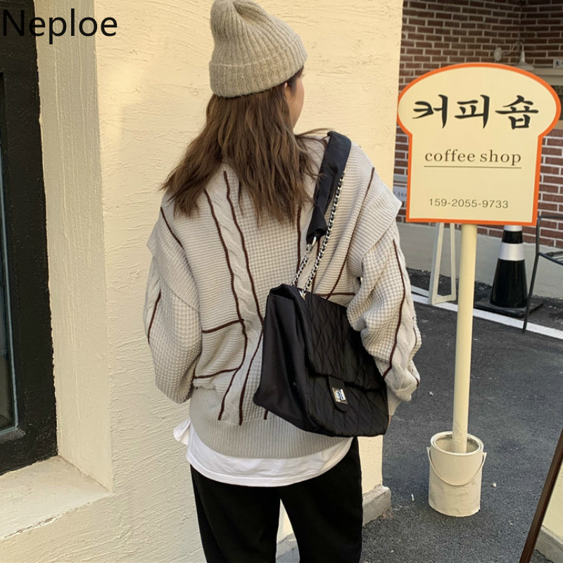 Neploe Vintage Knitted Sweaters for Women Overiszed Outwear Temperament Pullovers V-neck Ribbed Jumper Coat Pull Femme 4G825 210422