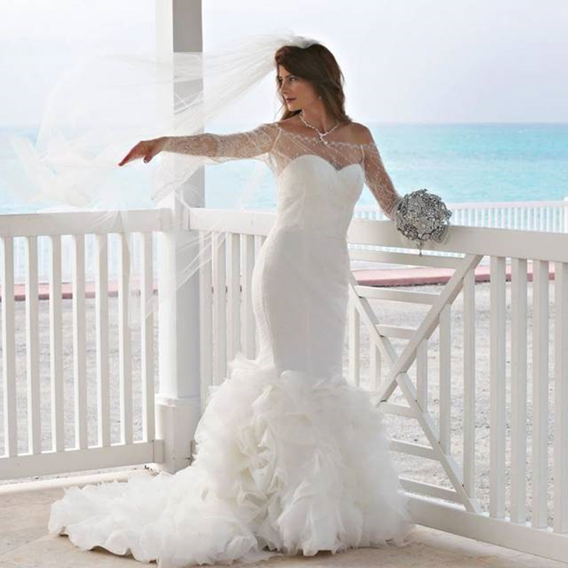 Gorgeous Tiered Ruffles Mermaid Wedding Dresses For Bride 2022 Lace Long Sleeves Bateau Neck Trumpet Wedding Gowns Modern Ivory Bridal Dress Tailor Ma