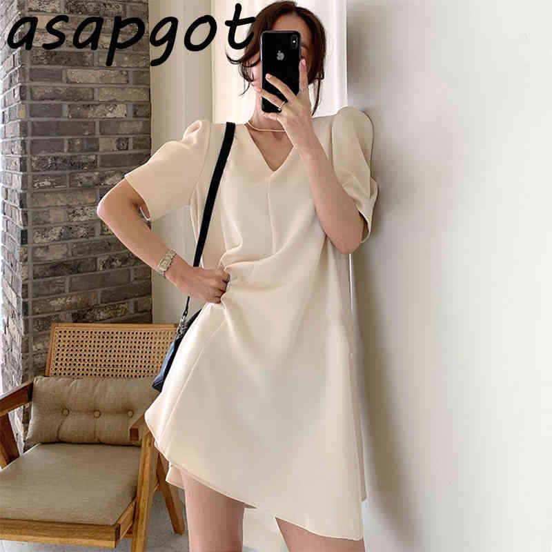 Dresses Women's Clothing Chic Korean V Neck Puff Short Sleeve Minimalism Temperament Loose Dress Women Mini Solid Retro Summer 210429