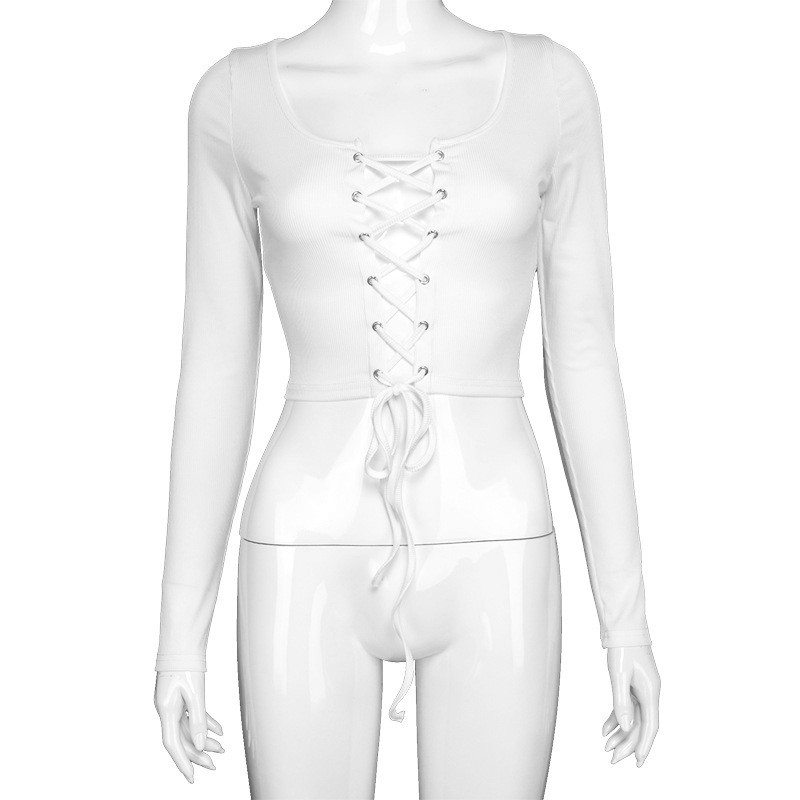 Autumn Winter T Shirt Women Tops Tee Regular Bandage O Neck Long Sleeve Female Shirts Fashion Solid Bodycon T-Shirts Women 210406