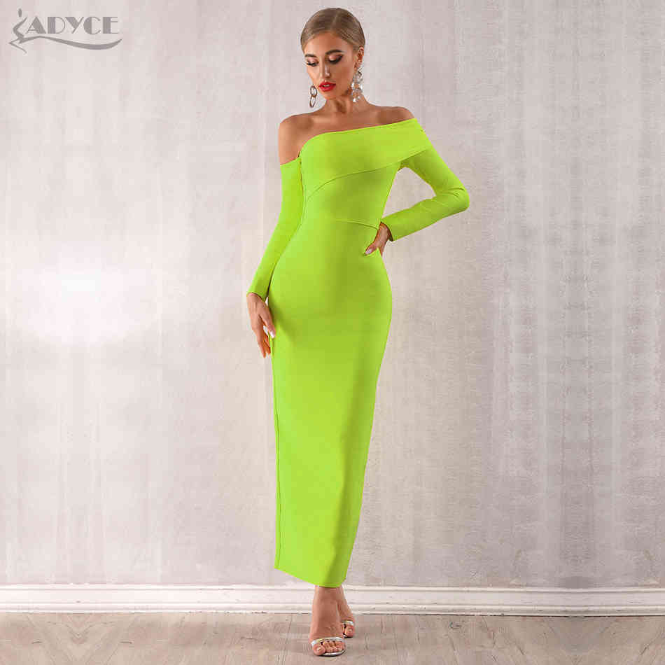 Winter Sexy Women Bandage Dress Vestidos Long Sleeve Yellow Green Off Shoulder Maxi Celebrity Evening Party 210423