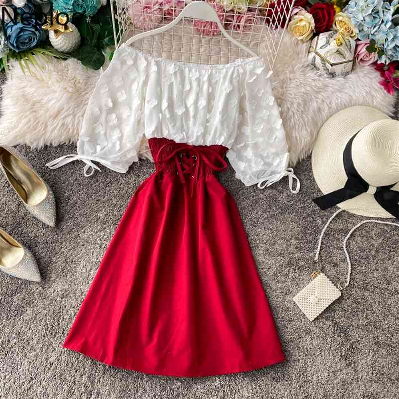 Boho Sexy Off Shoulder Patchwork Summer Dress Party Flower Chiffon Slim Lace Up Women Casual A-Line Beach 49633 210422Z
