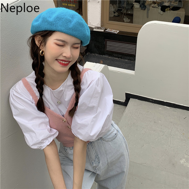 Neploe Sweet Casual Outfit Female O Neck Puff Sleeve White Shirt with Knit Pink Sling Crop Tops Two Piece Set Fashion Suit Women 210422