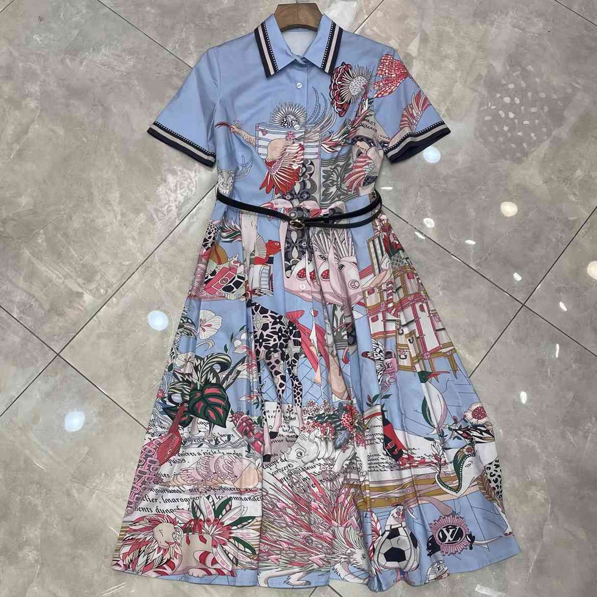 celebrity style holiday blue baroque flower printed short sleeve summer dress for women elegant party night with belt 210421