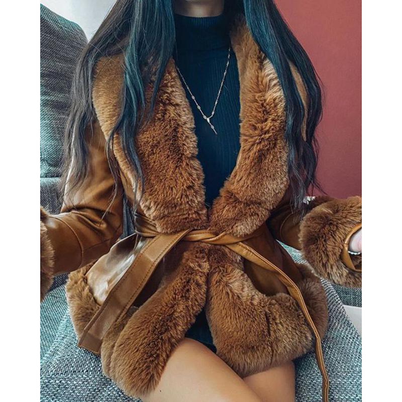 Leather Jackets Women Fashion Tie Belt Waist Short Coats Elegant Side Pockets Faux Fur Female Ladies JT Women's &