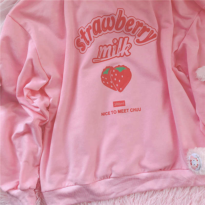 Tumblr Harajuku Kawaii Strawberry Letter Hoodie Sweatshirt Women Kpop Chic cute Pink s warm casual girl top 210910