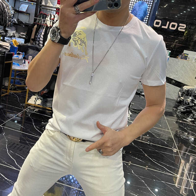 2021 Cotton T-Shirts men stud drilling Tops trend fashion stretch slim fit breathable stamping printing casual versatile short sleeve, White;black
2021 Cotton T-Shirts men stud drilling Tops trend fashion stretch slim fit breathable stamping printing casual versatile short sleeve, White;black