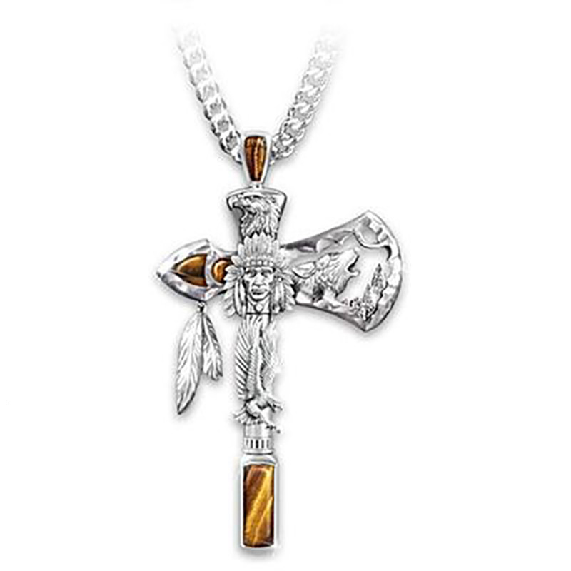 Necklaces Fashion Cross Indian Axe Men's Pendant Carved Eagle Wolf Head