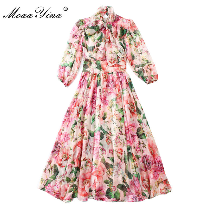 Fashion ner dress Spring Summer Women Dress Bow collar Rose Floral-Print Elegant Vacation Chiffon Dresses 210524