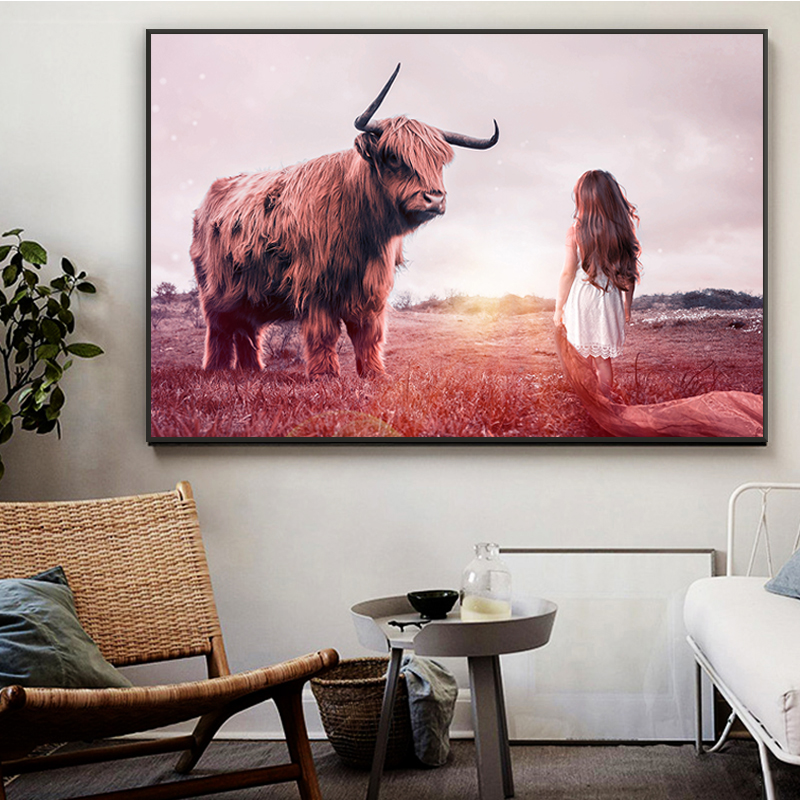 Girl and Cow Print Canvas Painting Wild Animals Wall Art Pictures For Living Room Cuadros Scandinavian Decor Posters and Prints