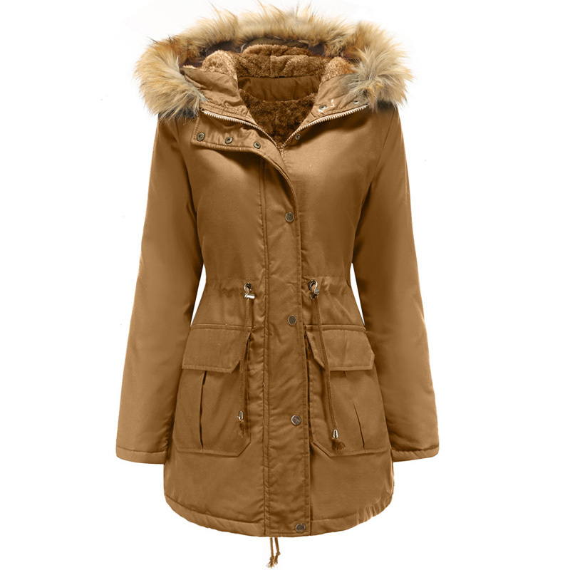Ladies Cotton Liner Parker Parka Fashion Fur Hat Winter Jacket Women Medium Long Causal Solid Hooded Parka Coat 210515