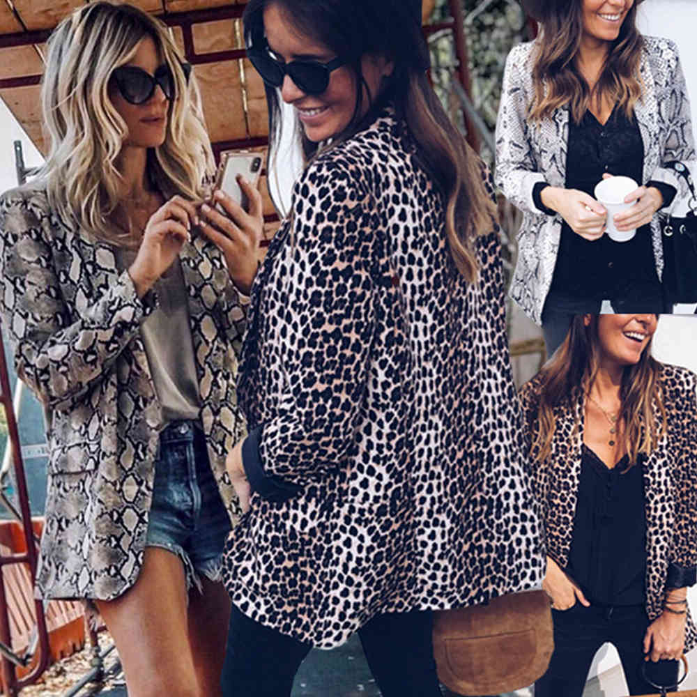 Women Autumn Vintage Leopard Blazers Work Office Lady Slim Skin Print Suits with Pockets Casual and Jackets Tops 210428