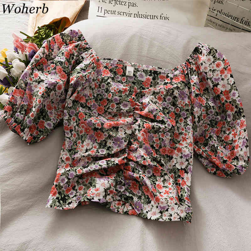 Women Sexy Off Shoulder Crop Top Summer Print Floral Sweet Short Blouses Pleated Puff Sleeve Blusas Ins Fashion 210519