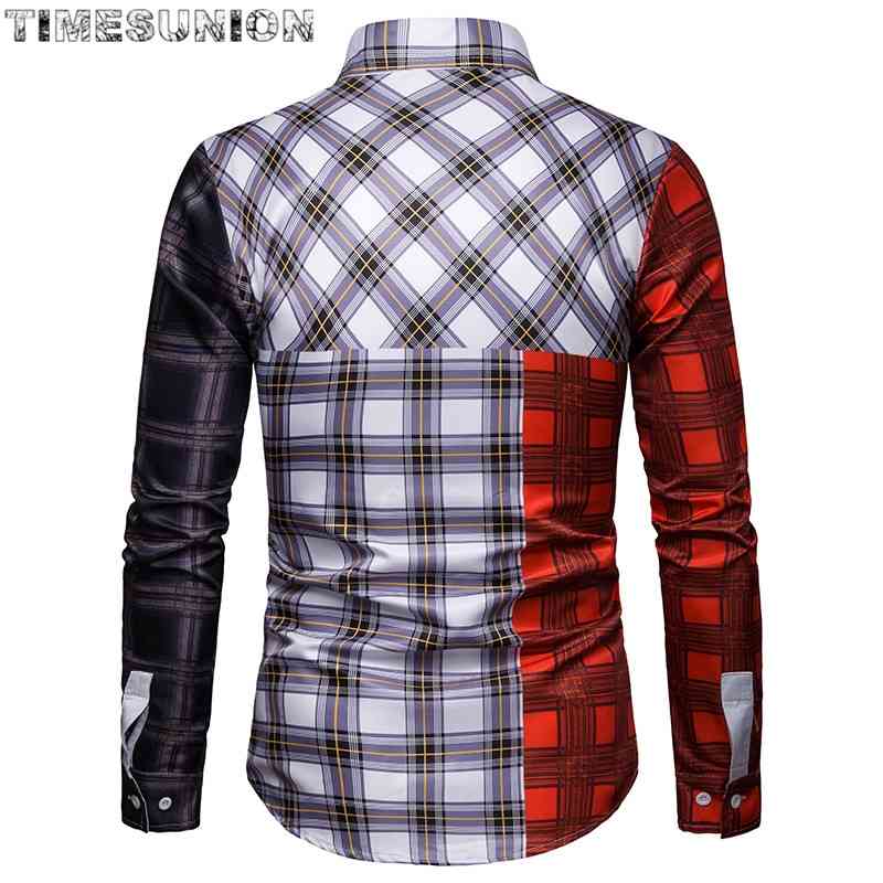 Mosaic Grid Men Shirt High Quality Social Men's Plaid Dress Shirts Long Sleeve Formal Soft Business Casual Oxford Shirt 210410