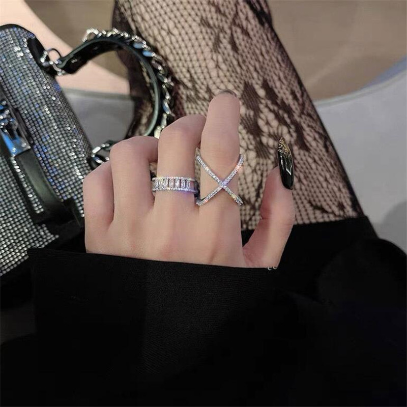 Sterg Adjustable Cross Ring: Sier Pave White Sapphire CZ Dia Gemstones Wedding Jewelry