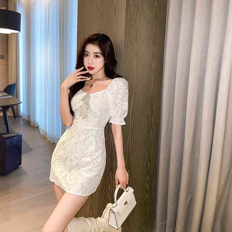Women Elegant Lace Hollow out Short Dress Summer Sexy Female Square Collar Slim Waist Party Club Bodycon Dresses 210519