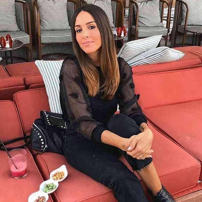 Black Mesh Patchwork Pullover Sweater, Transparent Long Sleeve Knitted Jumper For Women B4