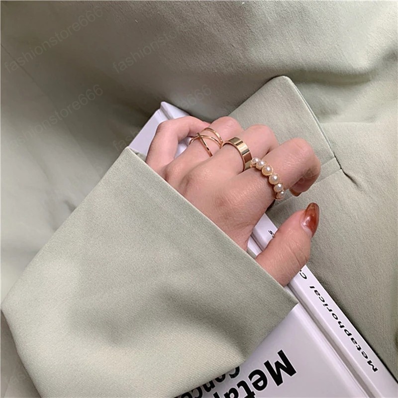 Korean Ring 4pcs/set For Women Opening Ring Set Metal Adjustable Geometry Female Simple Creative Finger Rings Party Jewelry