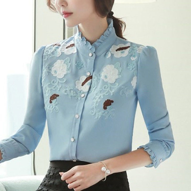 Arrival Spring Autumn Fashion Women Shirt Plus Size Long Sleeve Embroidery Blouses All-matched Casual Chiffon Shirts D198 210512