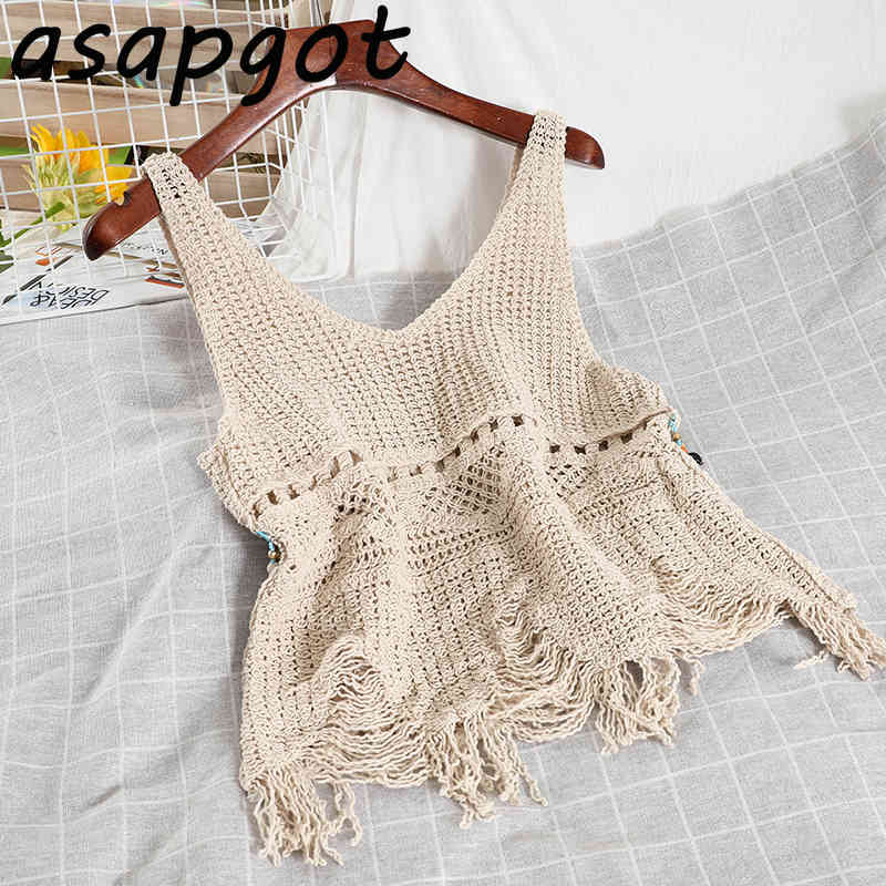 Fashion Matching Sets Vintage V Neck Sleeveless Hollow Out Tassel Camisole Tops Short + Wide Leg Shorts Casual Indie Folk 210429