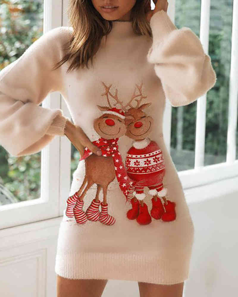 Ninimour Christmas Cute Women Lantern Sleeve Sweater Mini Dress Femme Printed Knitted Fluffy High-Neck Oufits New Year 210415