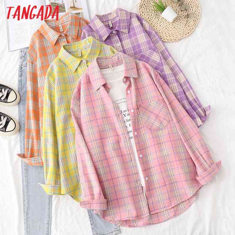 Women Retro Oversized Plaid Print Blouse Long Sleeve Chic Female Casual Loose Shirt Tops XQ04 210416