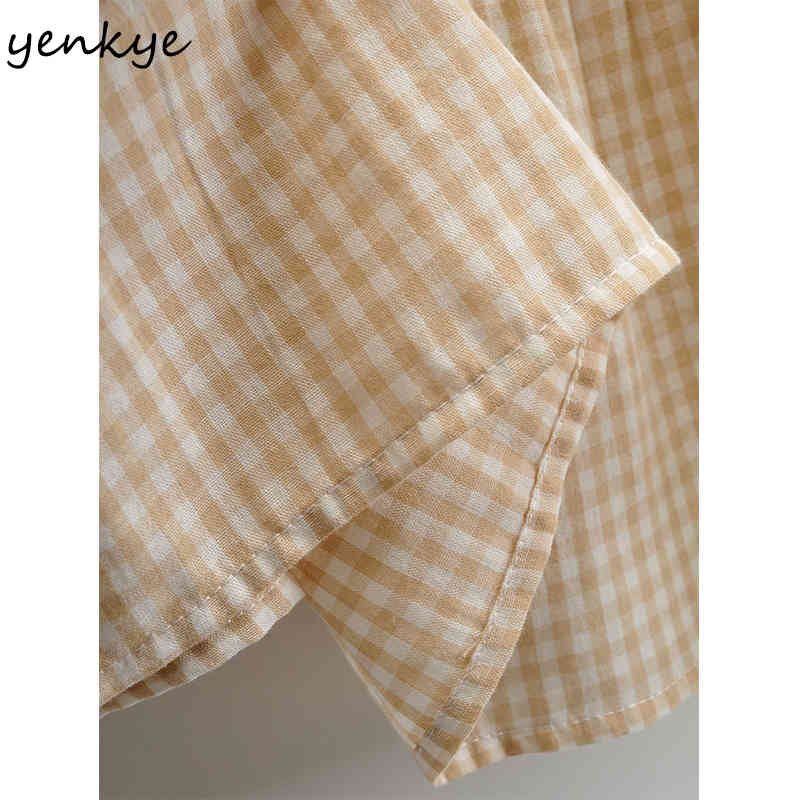 YENKYE Vintage Plaid Dress Women V Neck Sleeveless Tank Summer Casual Dress Female Short Vestido 210515