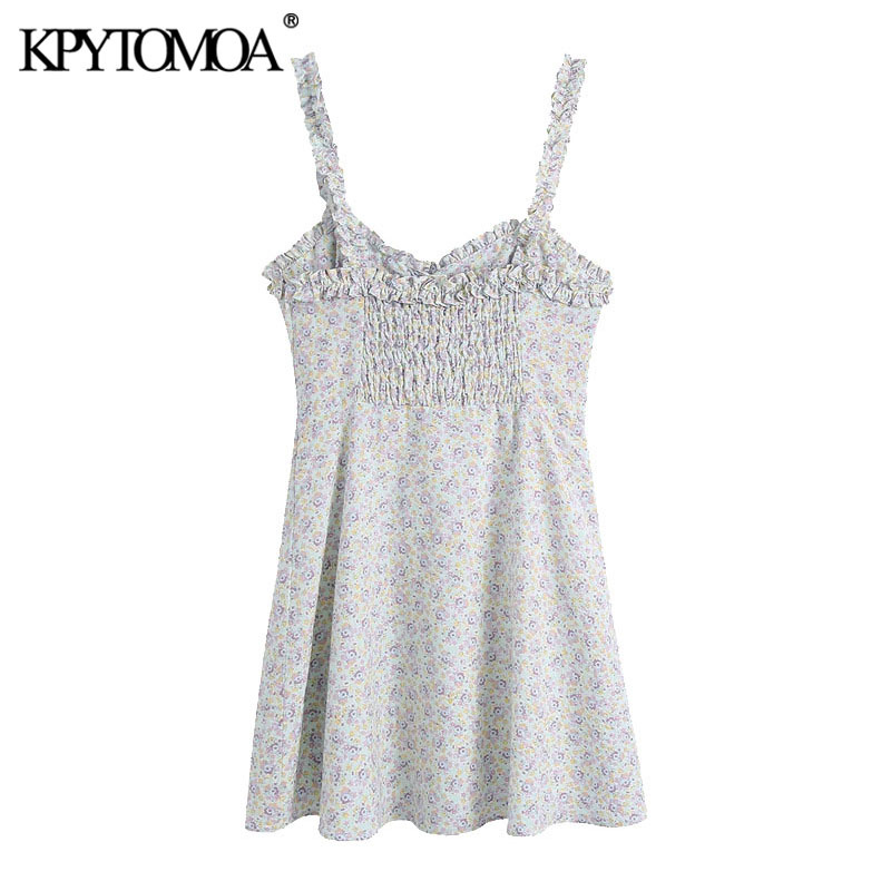 Women Chic Fashion With Buttons Floral Print Mini Dress Back Elastic Ruffled Straps Female Dresses Mujer 210420