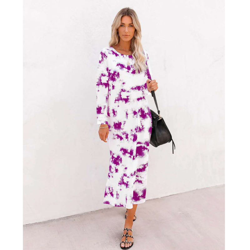 Women's Tie-dyed Printing Dress Gradient Color Round Neck Long Sleeve Vestidos Autumn Chic Casual Elegant Split Dresses 210524