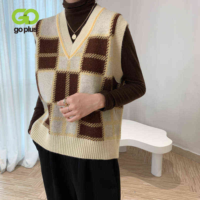 GOPLUS Vest Vintage Plaid Sweater Women Korean V-neck Knitted Sleeveless Short Gilet Femme Pull Sans Manche C10786 211120