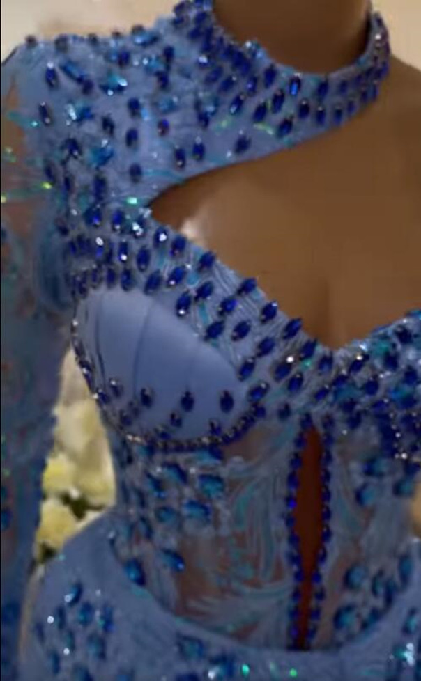 Arabic Size Plus Aso Ebi Blue Urious Mermaid Prom Dresses Lace Beaded Crystals Evening Formal Party Second Reception Gowns Dress ZJ