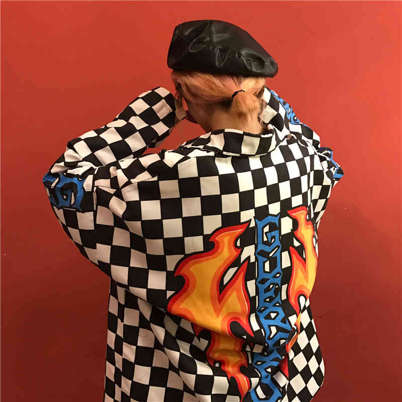Spring Summer Women Man Tops Harajuku Blouse Flame Checkerboard Plaid Print Blouses Shirts Streetwear Japanese Style 210519