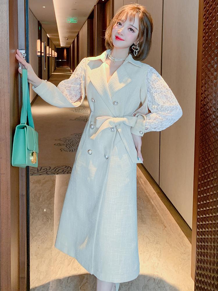 Fashion Atmosphere Lapel Double-breasted Close Tied With Belt Splicing Elegant Lace Sleeve Trench Coat The Winter 2021 Women's Tracksuits