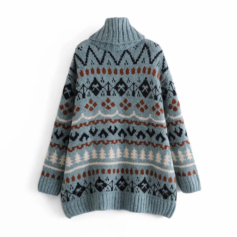 Women Vintage Turtleneck Color Matching Print Casual Loose Knitting Sweater Female Long Sleeve Chic Pullovers Tops 210520