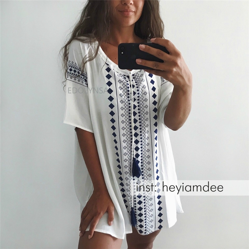 Print Tunic Beach dress Saida de Praia Cotton Cover up Pareos Playa Mujer Bikini Swimsuit cover #Q753 210420
