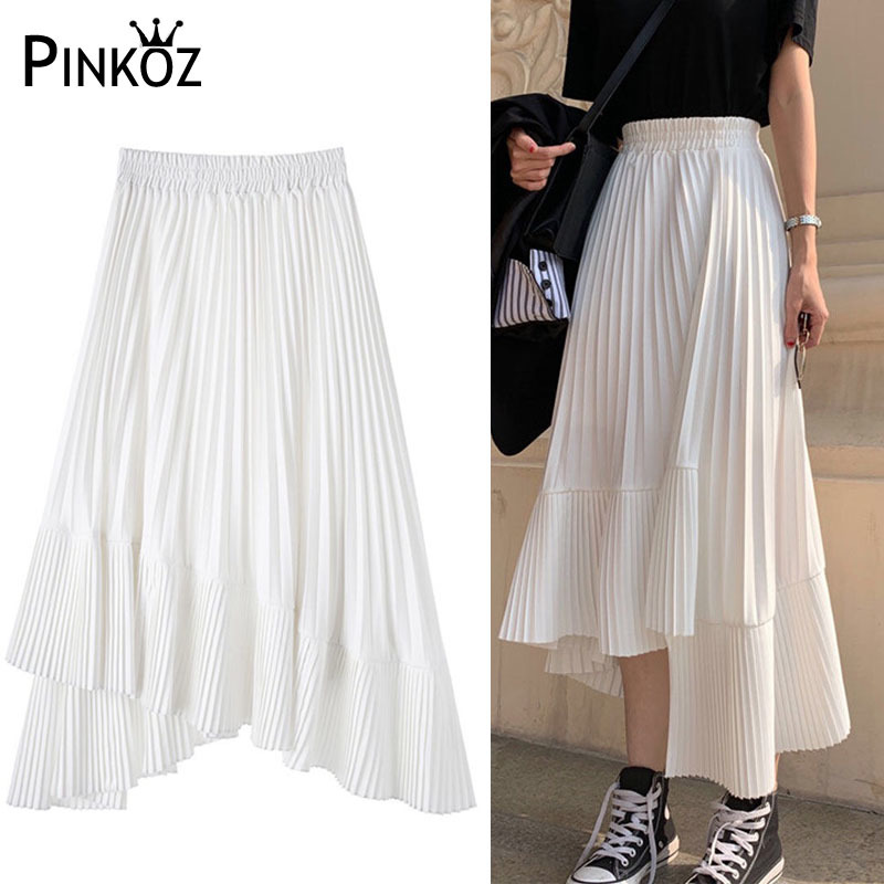 Irregular Long Pleated Skirts Womens Holiday Beach Boho Summer Elegant Ladies Chiffon High Waist 210421