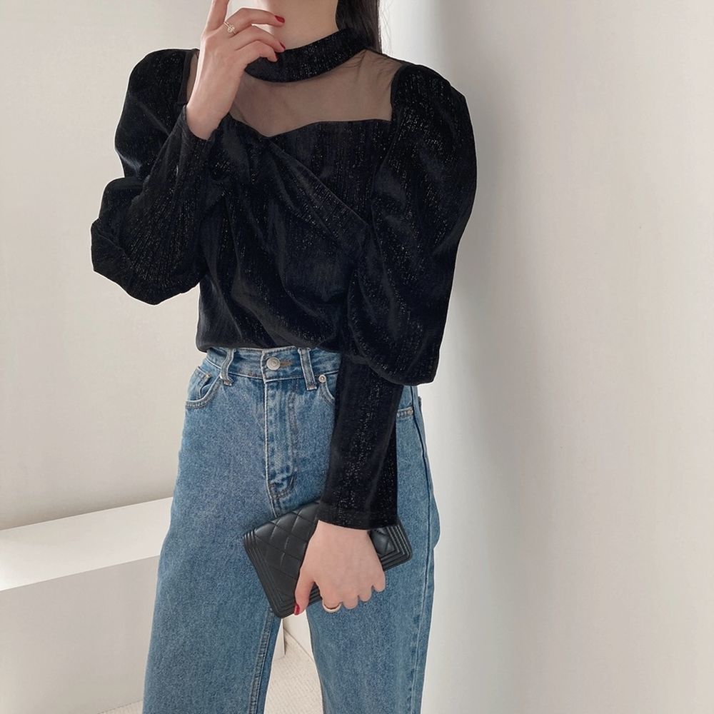 Elegance Puff Sleeves Patchwork Women Slim Gentle Mesh Work Wear Stylish Brief Office Lady Basic Shirts 210421