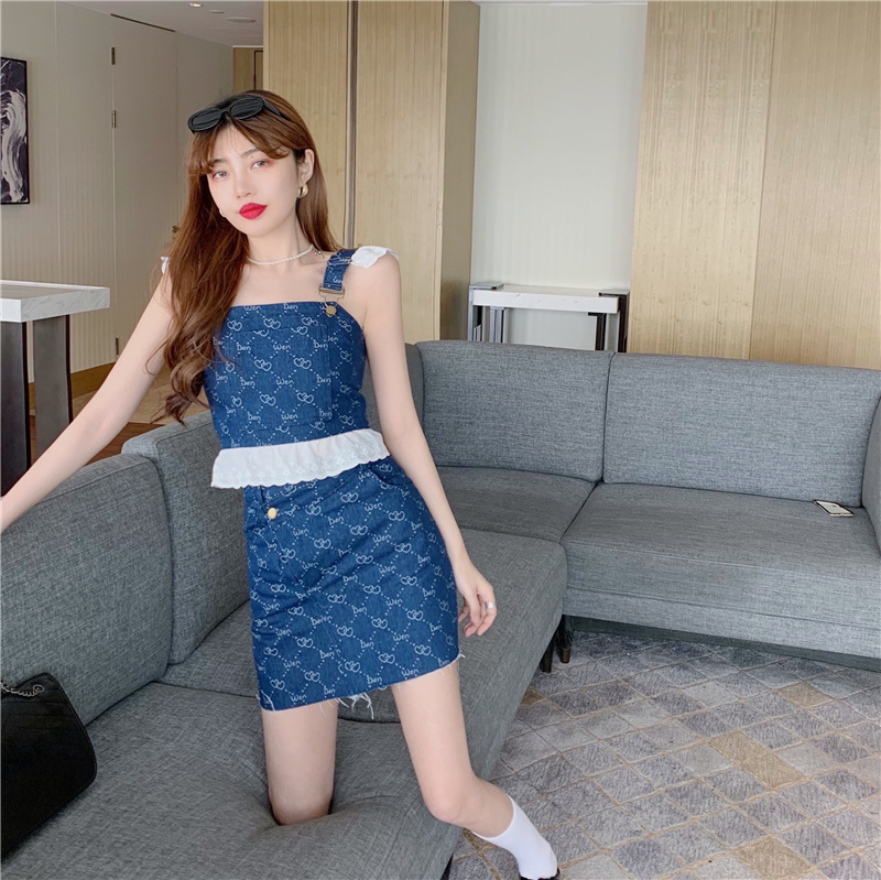 Korea Chic Suit Summer Sweet Cute Denim Sling Ruffles Crop Top + Fashion Mini Short Skirts Slim Two Piece Set 210519