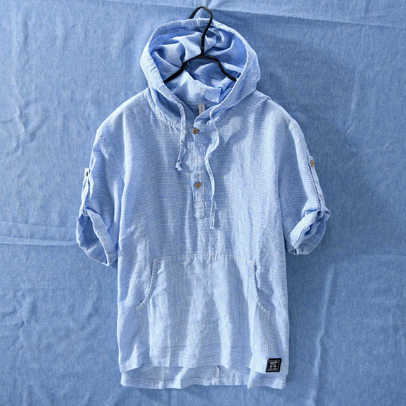 Men Summer Fashion Japan Style High Quality Cotton Linen Short Sleeve Hooded Stripe Casual T-shirts Student Top Male Casual Tee 210707
