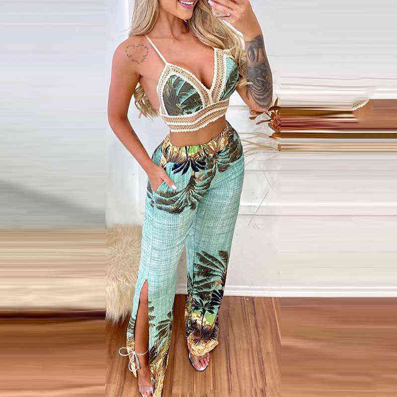 Summer Women Sexy Two Piece Holiday Wear V Neck Sleeveless Tropical Print Lace Trim Crop Top & Slit Casual Long Pants Set 211105
