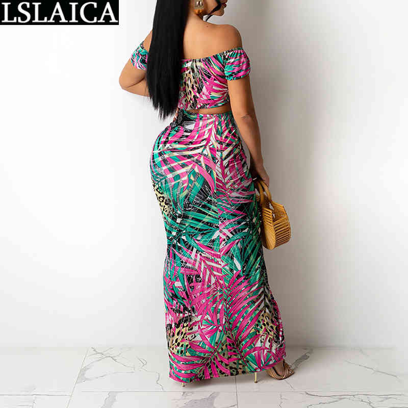 Suit with Skirts for Women Crop Top Drawstring Long Skrits Flroal Print Sexy Female Summer Evening Party Club Two Piece Set 210515