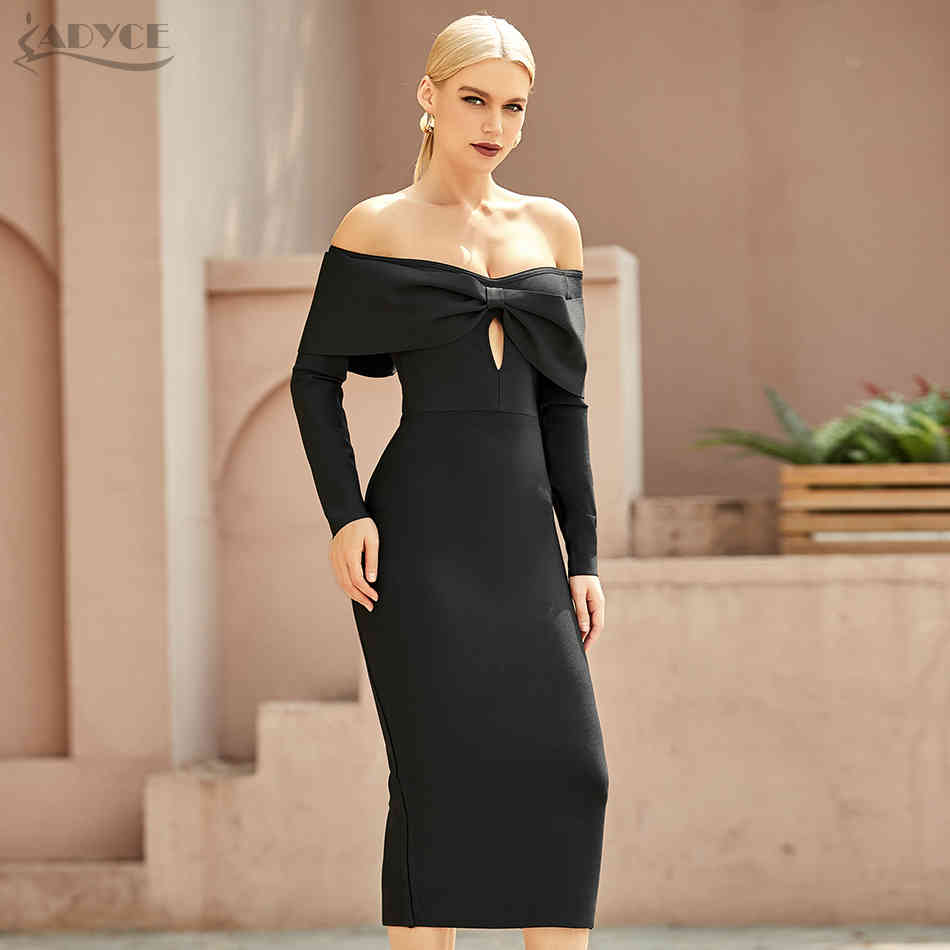 Summer Women Off Shoudler Black Bow Bandage Dress Sexy Hollow Out Long Sleeve Midi Evening Club Party Lady 210423