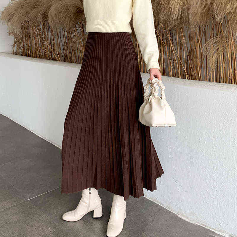 Winter Thickened Rib Knitted Large Swing Maxi Long Skirts Elegant Solid A-line Pleated Ankle Length Knit Skirts Coffree Beige 211119