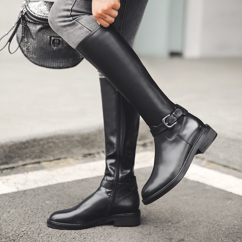 Autumn Riding Boots Women Natural Genuine Leather Zip Square Heel Knee High Buckle Round Toe Shoes Lady Winter 43 210517